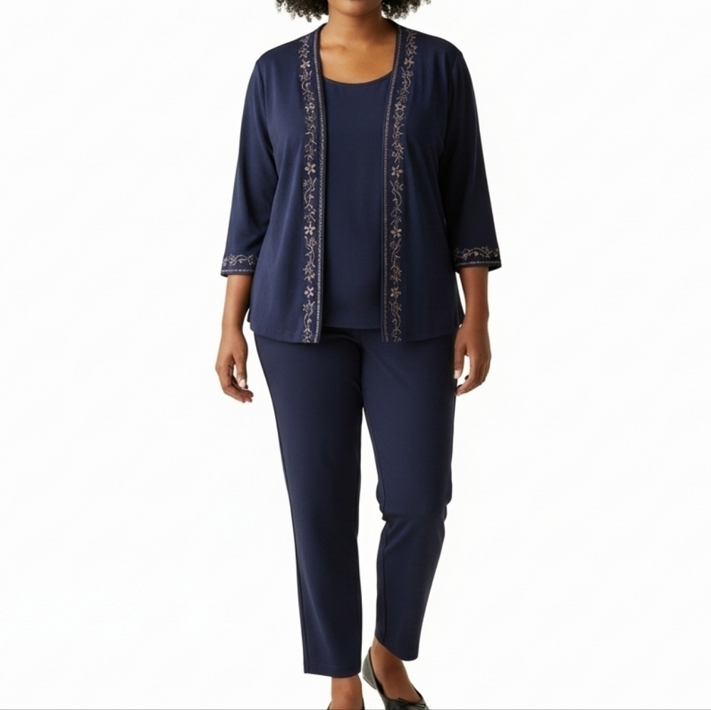 Alfred Dunner Pant Suit Size 18 16 Navy Embroidered Open Front Pull On Pants